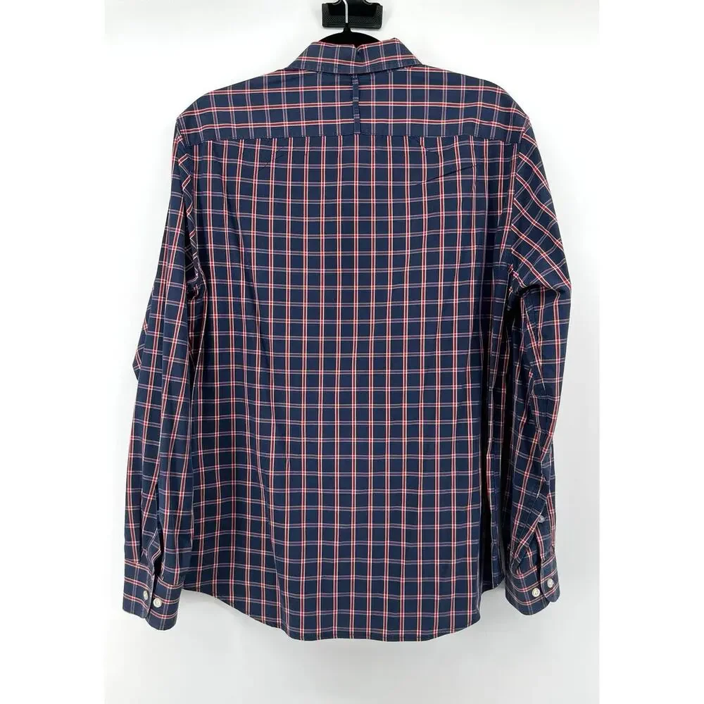 Banana Republic Luxe Poplin Shirt Men's Size M Grant Slim Fit Red Blue Plaid